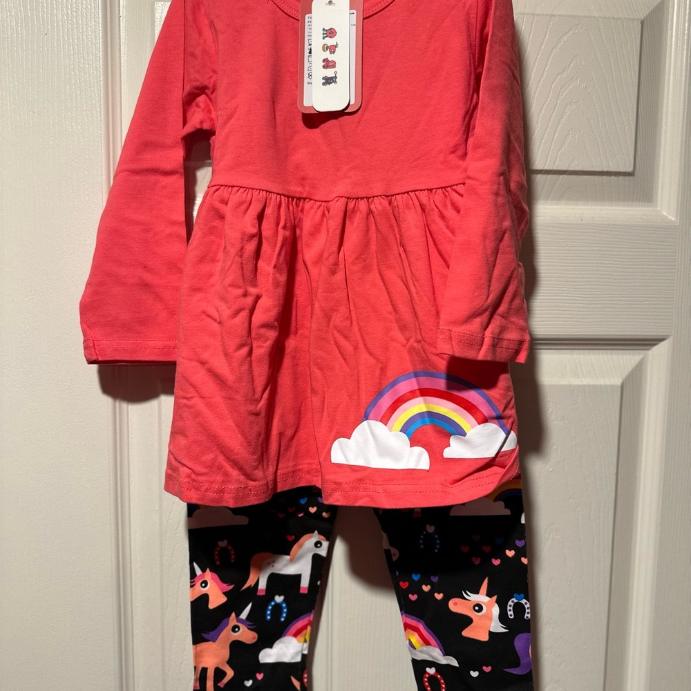 NWT 2 piece coral tunic with rainbow and unicorn pants